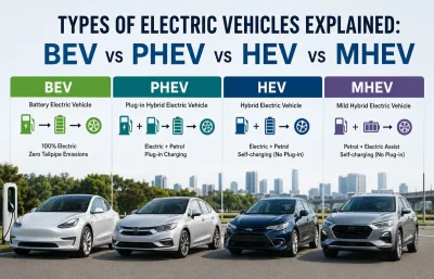 Types of Electric Vehicles Explained: BEV vs PHEV vs HEV vs MHEV Featured Image